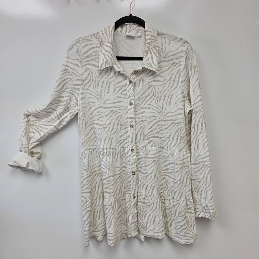 New Directions Shirt Womens Large White Zebra Animal Print Button Tunic Top